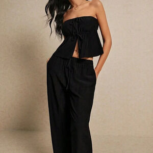 Black Sexy Women's Summer Fashion Linen Crop Top & Wide Leg Trouser Set